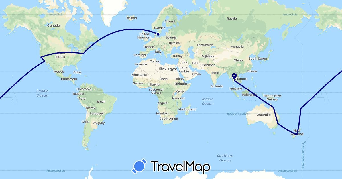 TravelMap itinerary: driving in Australia, Denmark, Fiji, New Zealand, Thailand, United States (Asia, Europe, North America, Oceania)